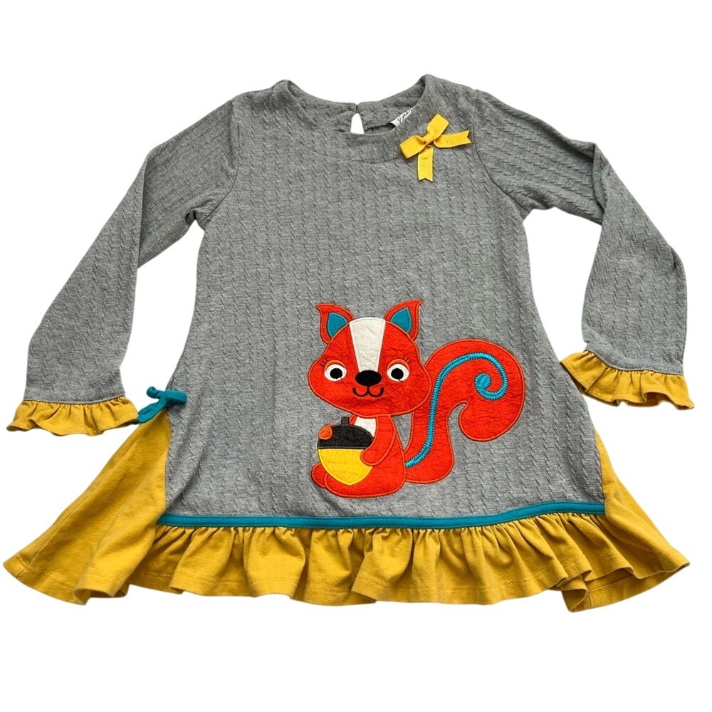 Emily Rose Gray Long Sleeve Dress with Squirrel Appliqué